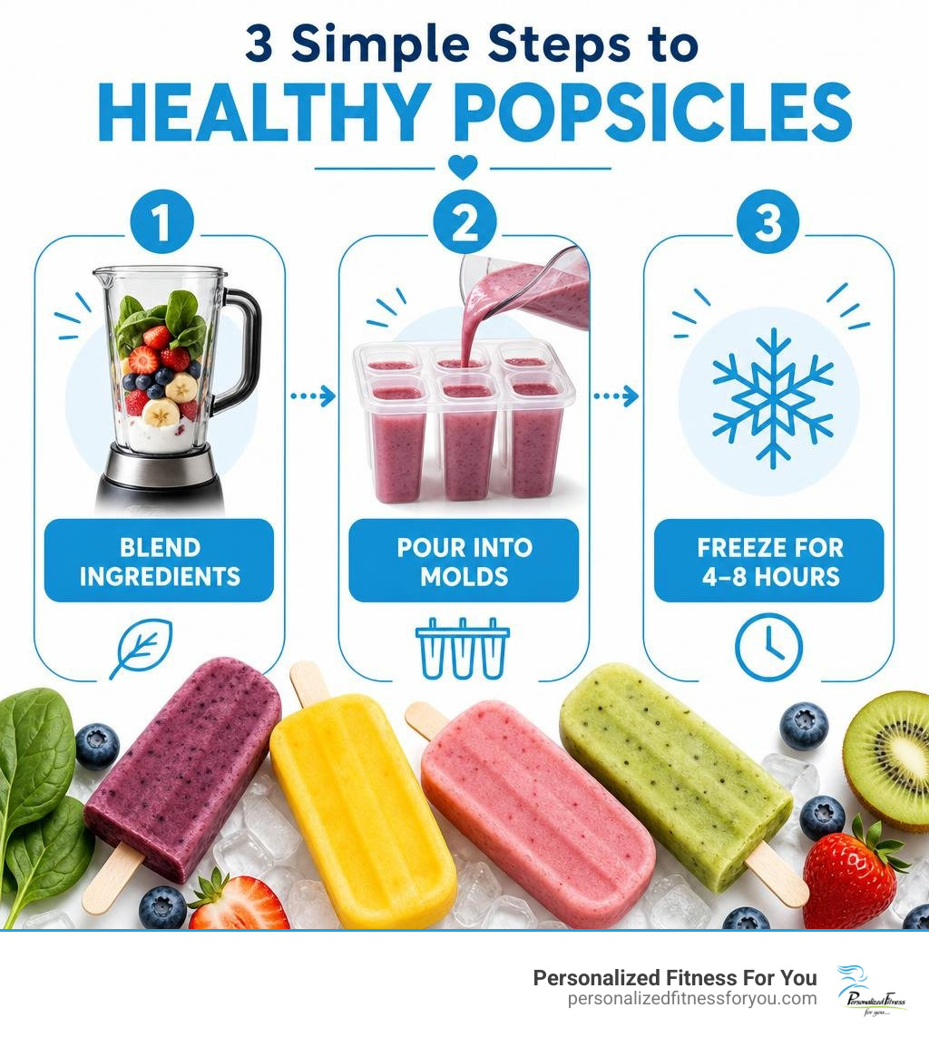 3-step process infographic: blend ingredients, pour into molds, freeze for 4-8 hours for healthy popsicles infographic 3-step process infographic: blend ingredients, pour into molds, freeze for 4-8 hours for healthy popsicles infographic