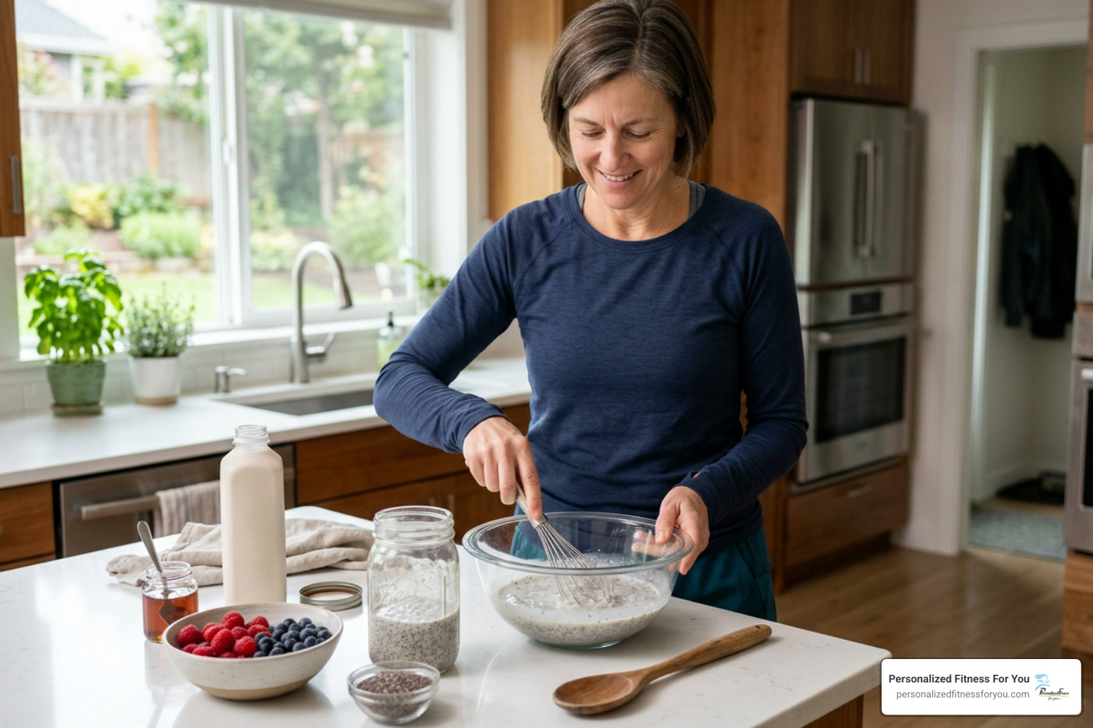 active woman preparing chia seed pudding with fresh berries, modest clothing active woman preparing chia seed pudding with fresh berries, modest clothing
