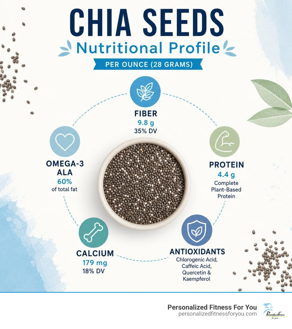 Chia seeds nutritional profile infographic showing fiber, omega-3, protein, calcium, and antioxidant content per ounce Chia seeds nutritional profile infographic showing fiber, omega-3, protein, calcium, and antioxidant content per ounce