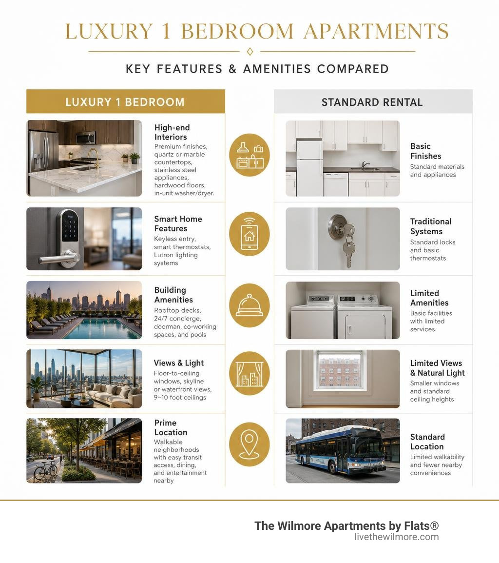 Key features and amenities that define luxury 1 bedroom apartments compared to standard rentals infographic