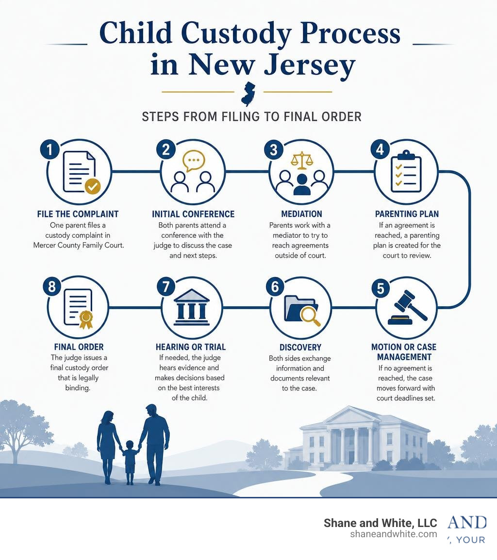Child custody process in New Jersey: steps from filing to final order infographic