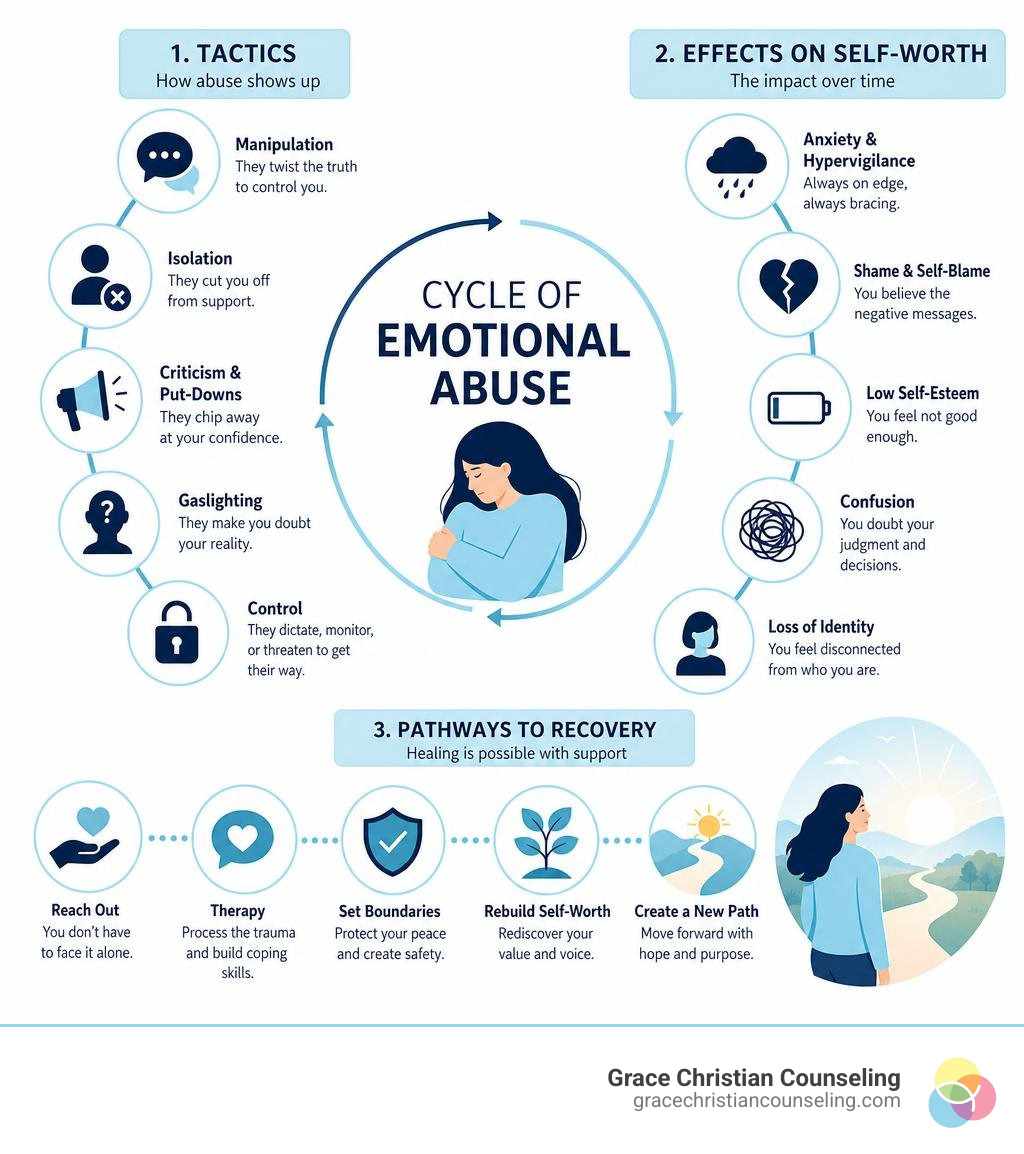 Cycle of emotional abuse: tactics, effects on self-worth, and pathways to recovery through therapy infographic