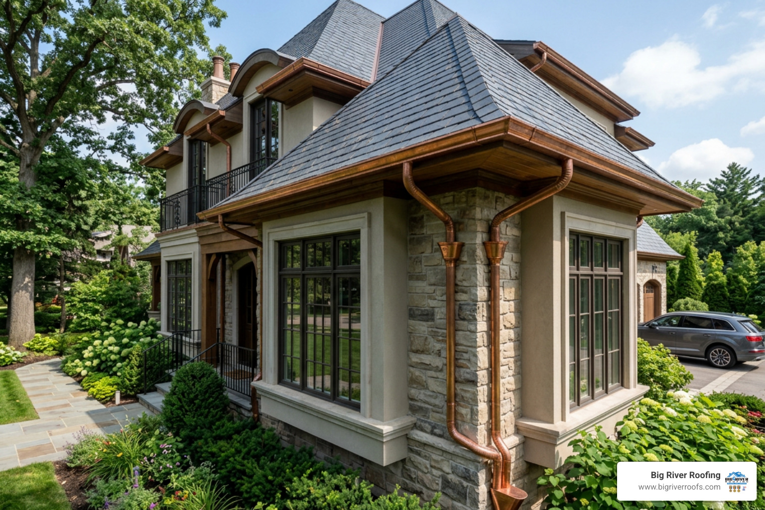 custom copper gutters installed on a luxury home