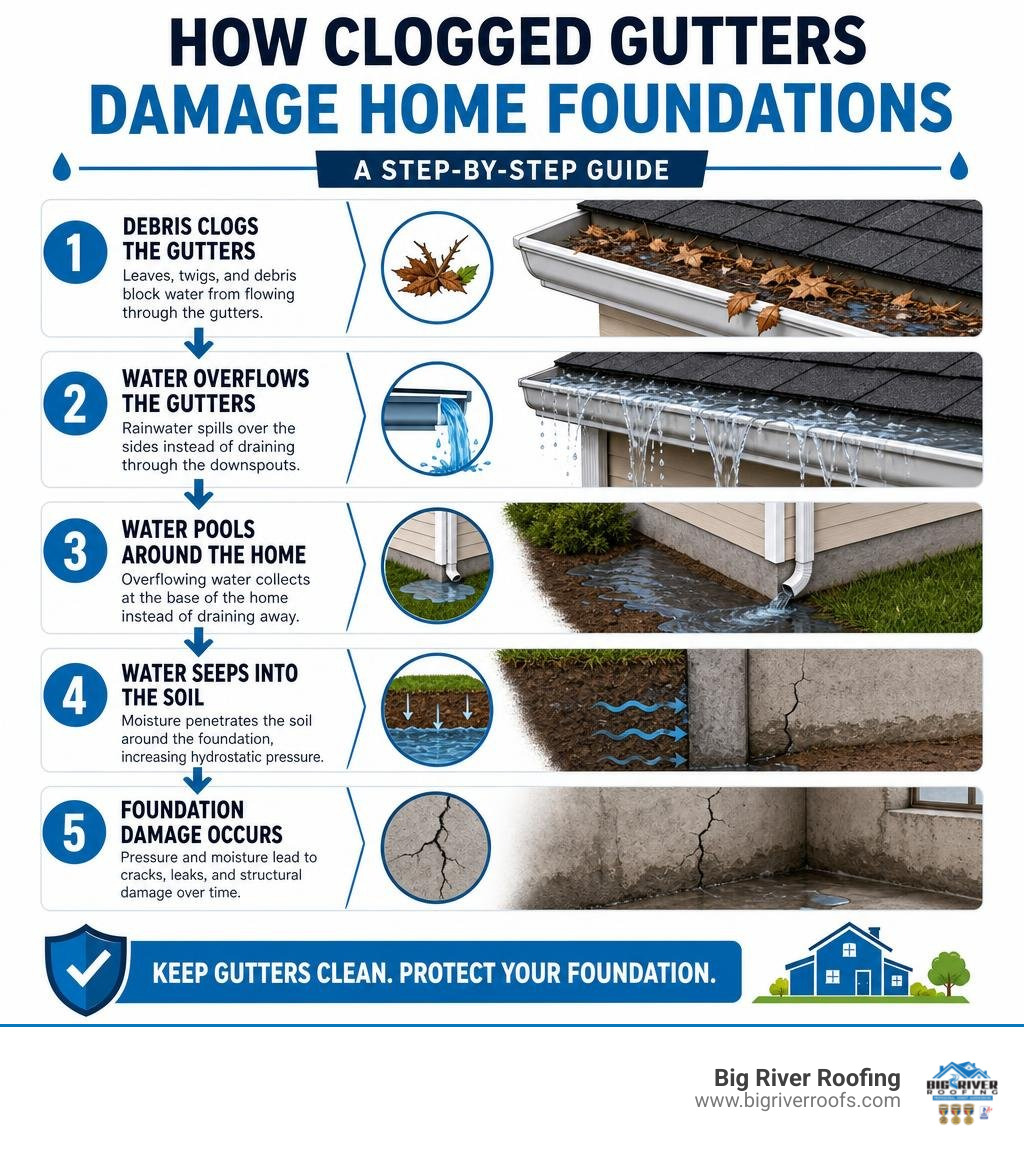 How clogged gutters damage home foundations step-by-step infographic infographic