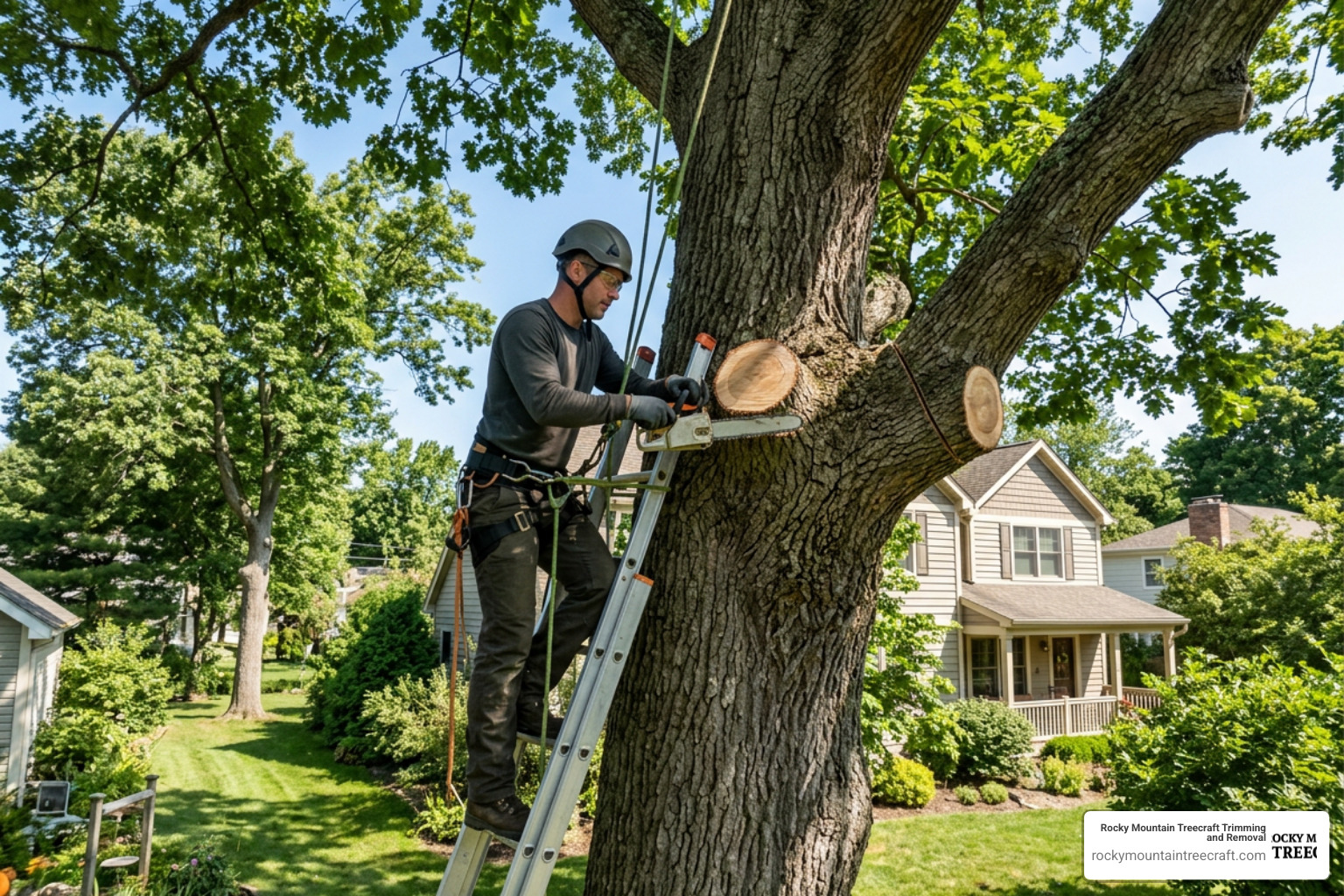 Arborist pruning branch collar using 3-cut method