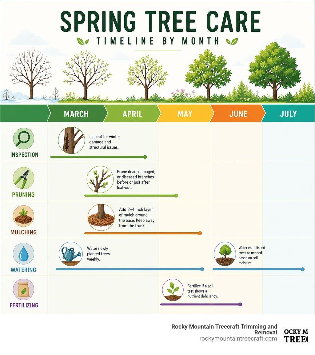 Spring tree care timeline infographic: inspection, pruning, mulching, watering, fertilizing by month infographic