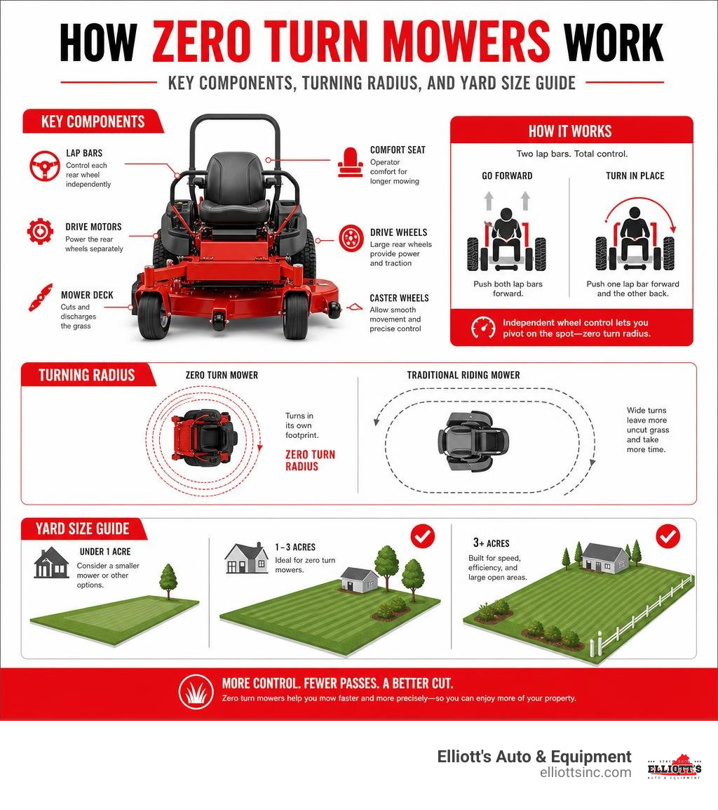 How zero turn mowers work — key components, turning radius, and yard size guide infographic