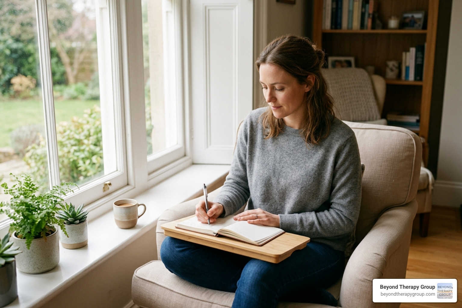 A person sitting peacefully by a window writing in a personal journal A person sitting peacefully by a window writing in a personal journal