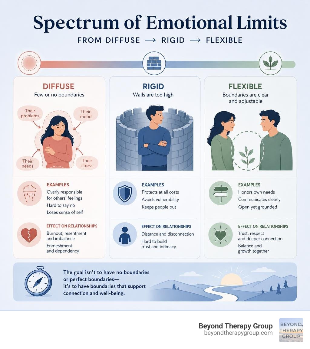 Spectrum of emotional limits from diffuse to rigid to flexible, with examples and effects on relationships infographic Spectrum of emotional limits from diffuse to rigid to flexible, with examples and effects on relationships infographic