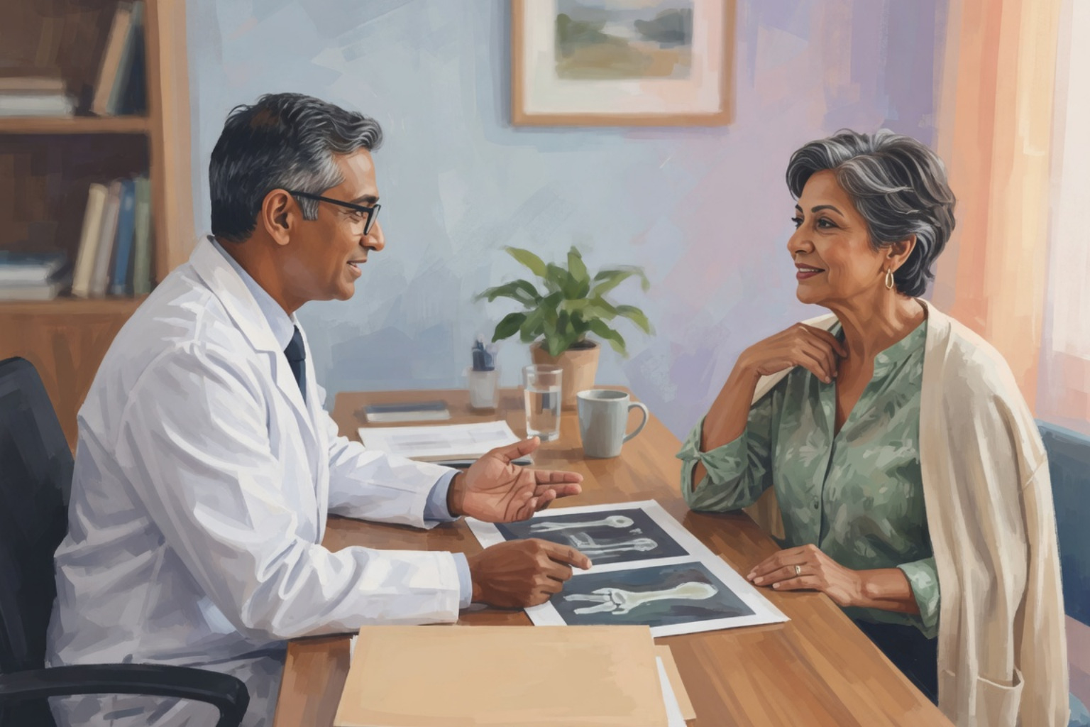 doctor sitting at a desk explaining bone scan results to a confident postmenopausal woman doctor sitting at a desk explaining bone scan results to a confident postmenopausal woman
