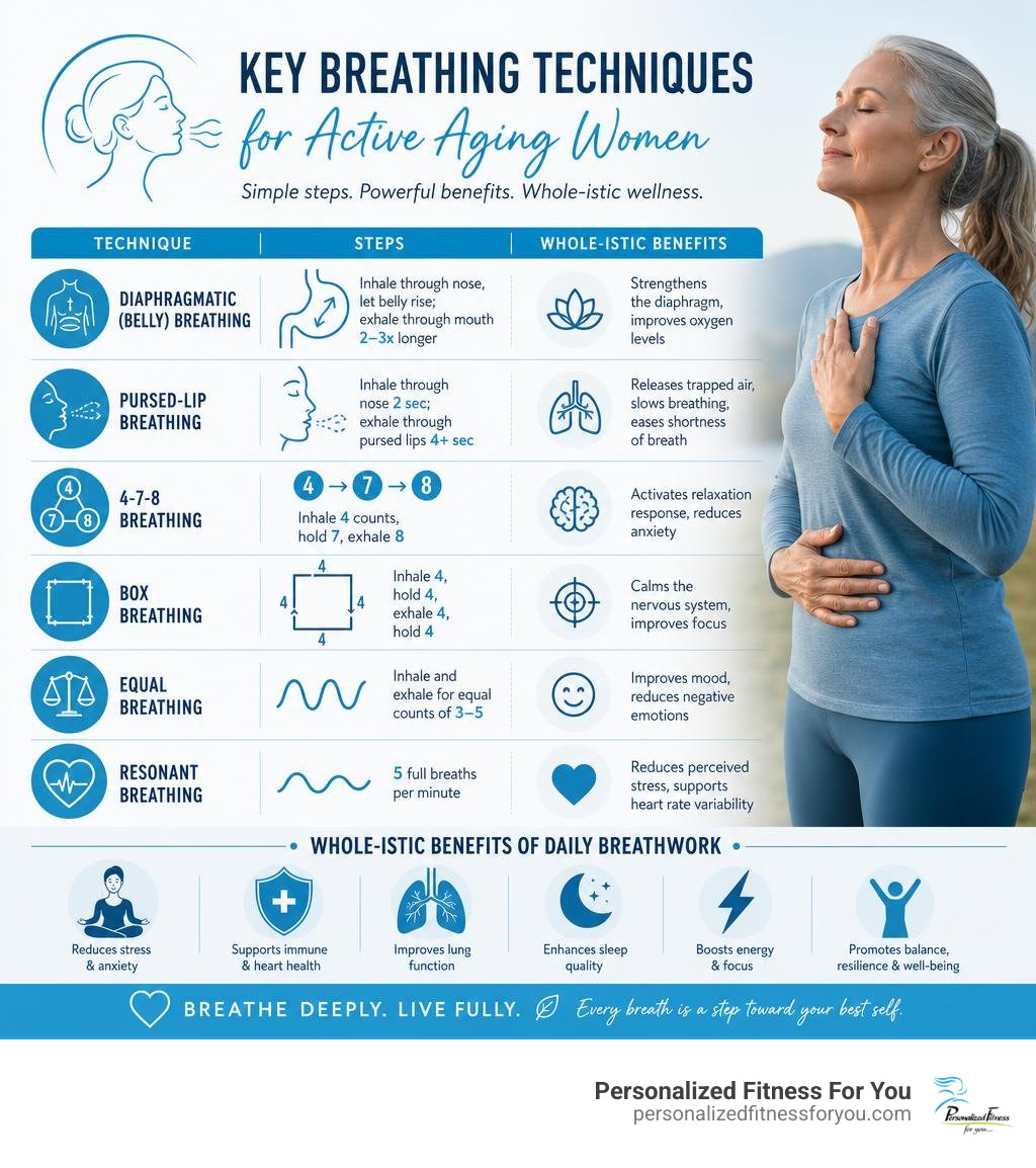 Infographic showing key breathing techniques, their steps, and whole-istic health benefits for active aging women infographic Infographic showing key breathing techniques, their steps, and whole-istic health benefits for active aging women infographic
