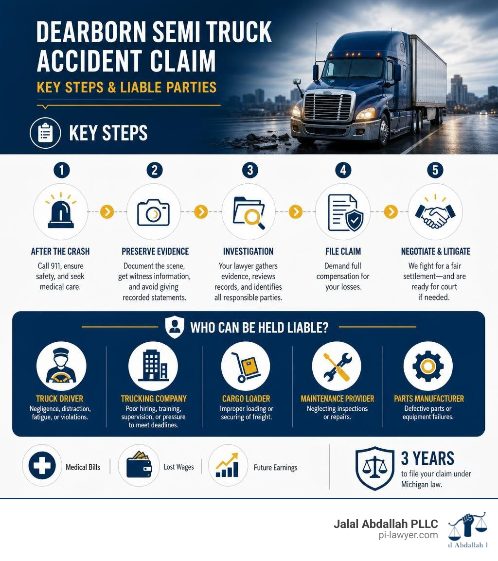 Key steps and liable parties in a Dearborn semi truck accident claim infographic
