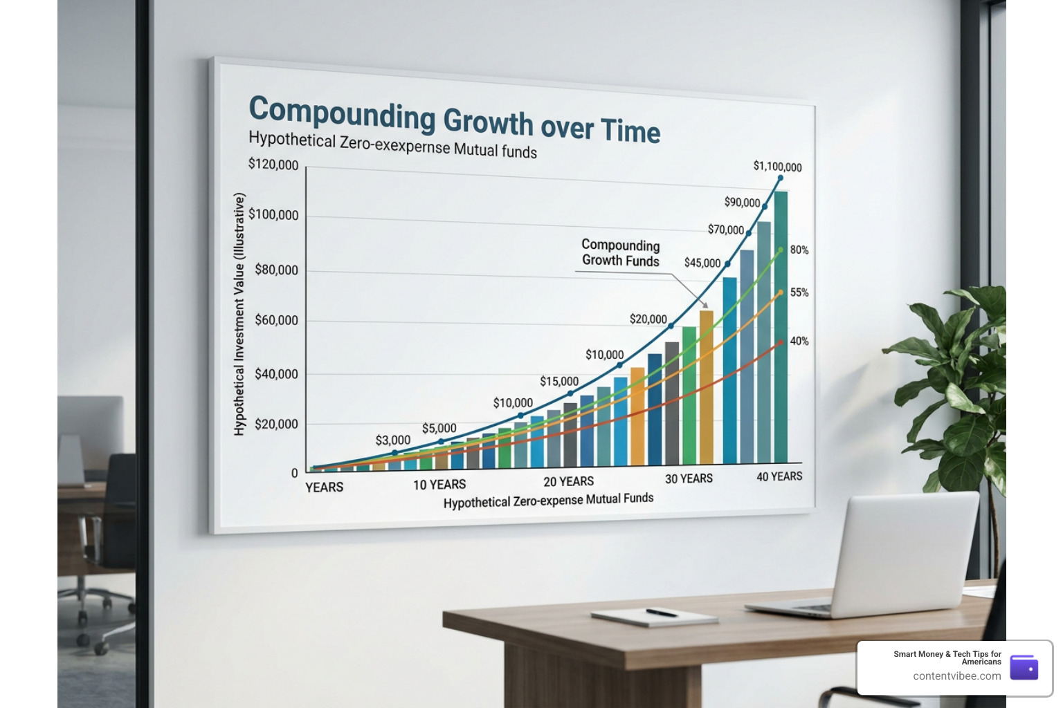 An growth chart demonstrating the compounding power of zero-expense ratio mutual funds over time An growth chart demonstrating the compounding power of zero-expense ratio mutual funds over time