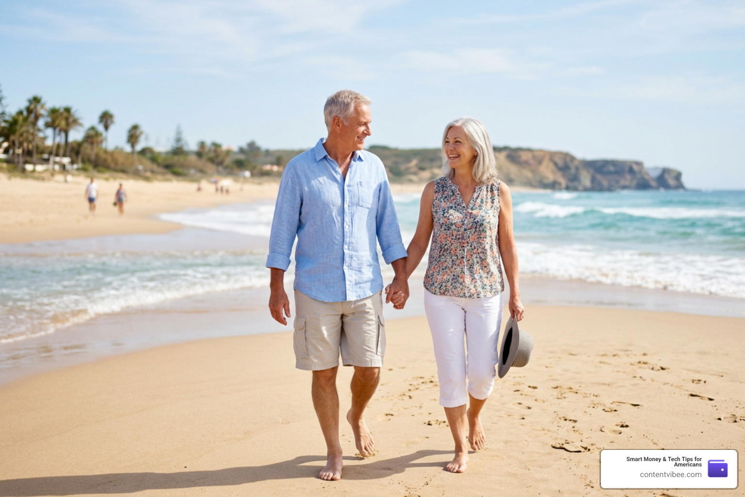 A happy, financially secure retired couple walking together on a sunny beach