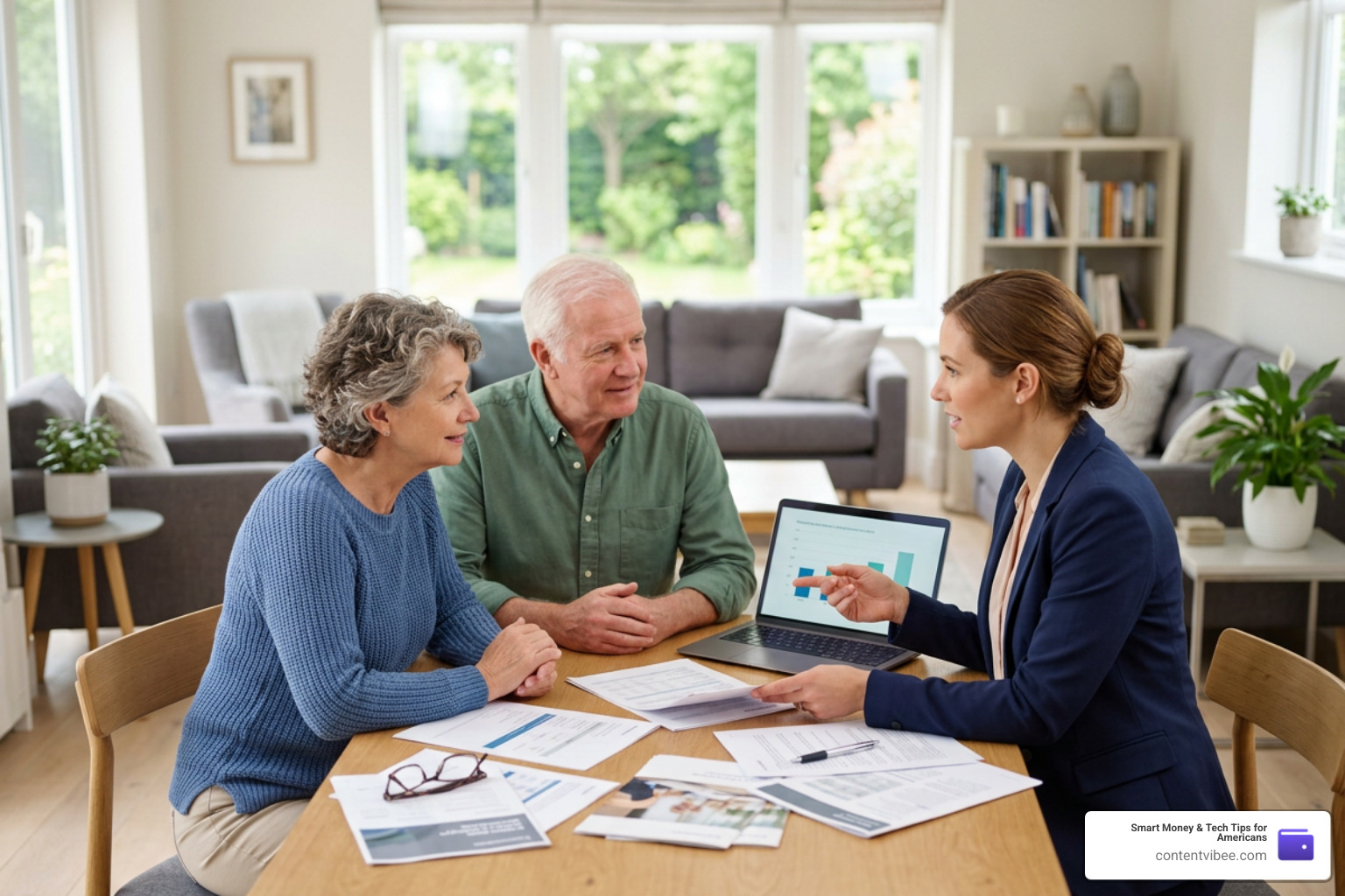 Retired couple discussing financial strategies with an advisor