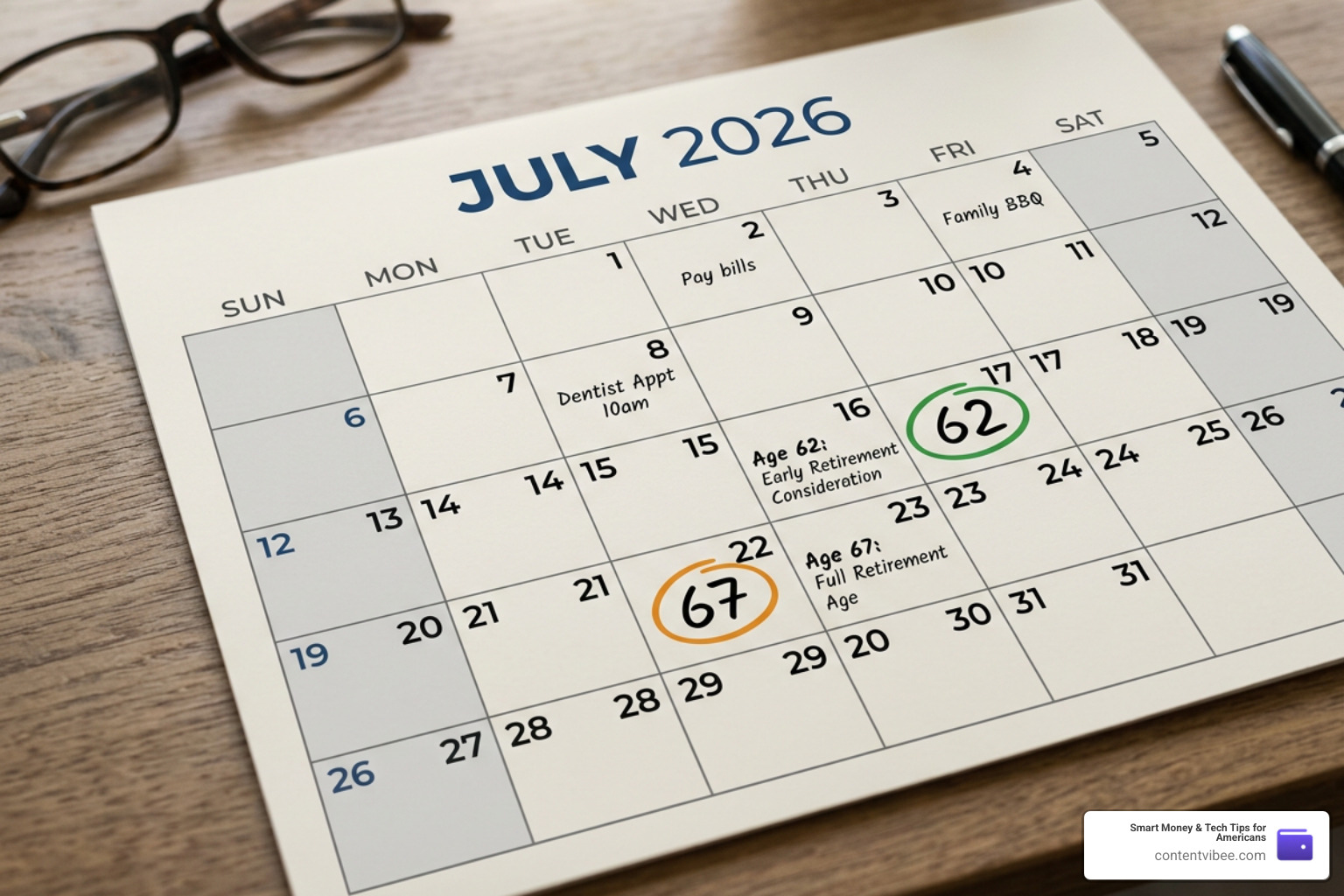 Calendar highlighting age 62 vs age 67 for Social Security claiming