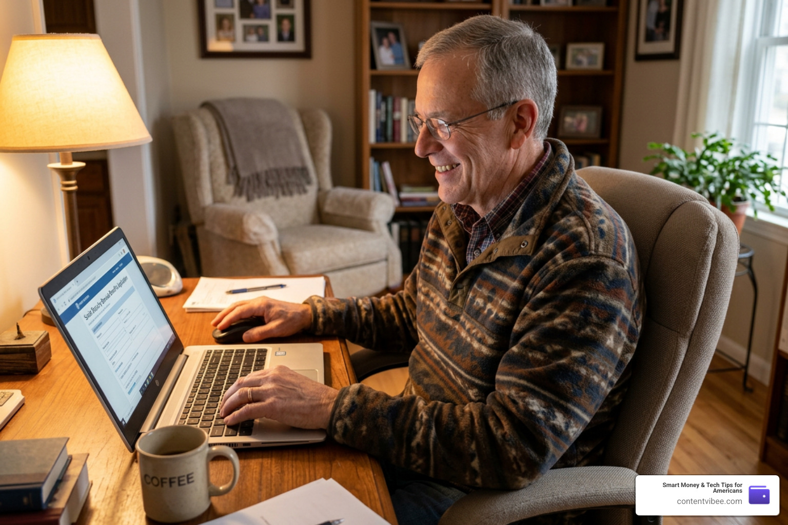 A retiree comfortably applying for Social Security spousal benefits on a laptop at home