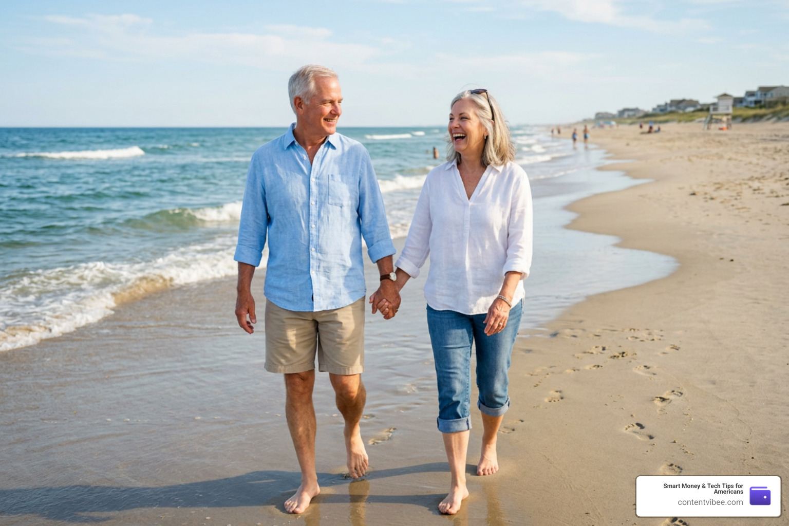 Happy retired couple walking on a beach, enjoying financial security