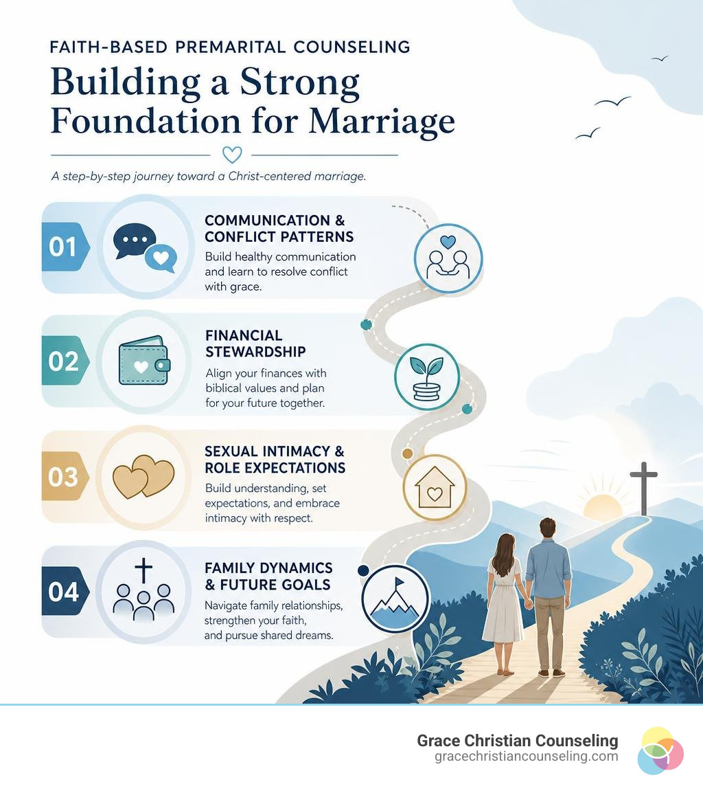 Infographic showing the progression of topics addressed in faith based premarital counseling, from communication and