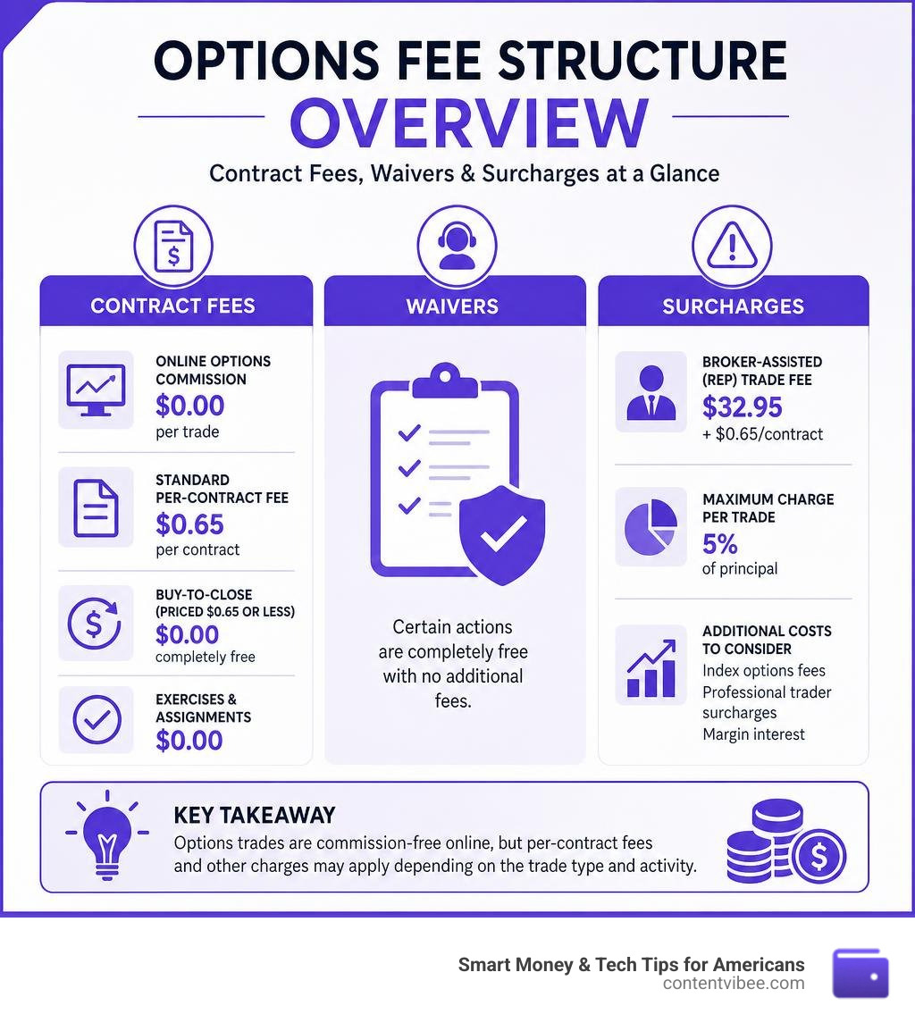 Fidelity options fee structure overview infographic showing contract fees, waivers, and surcharges infographic