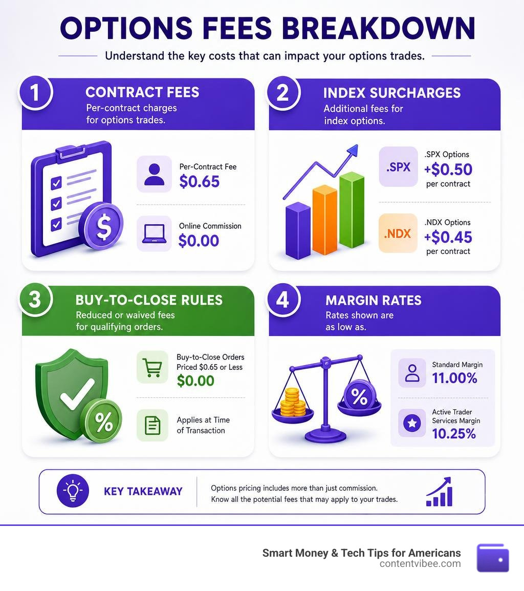 Fidelity options fees breakdown: contract fees, index surcharges, buy-to-close rules, and margin rates infographic