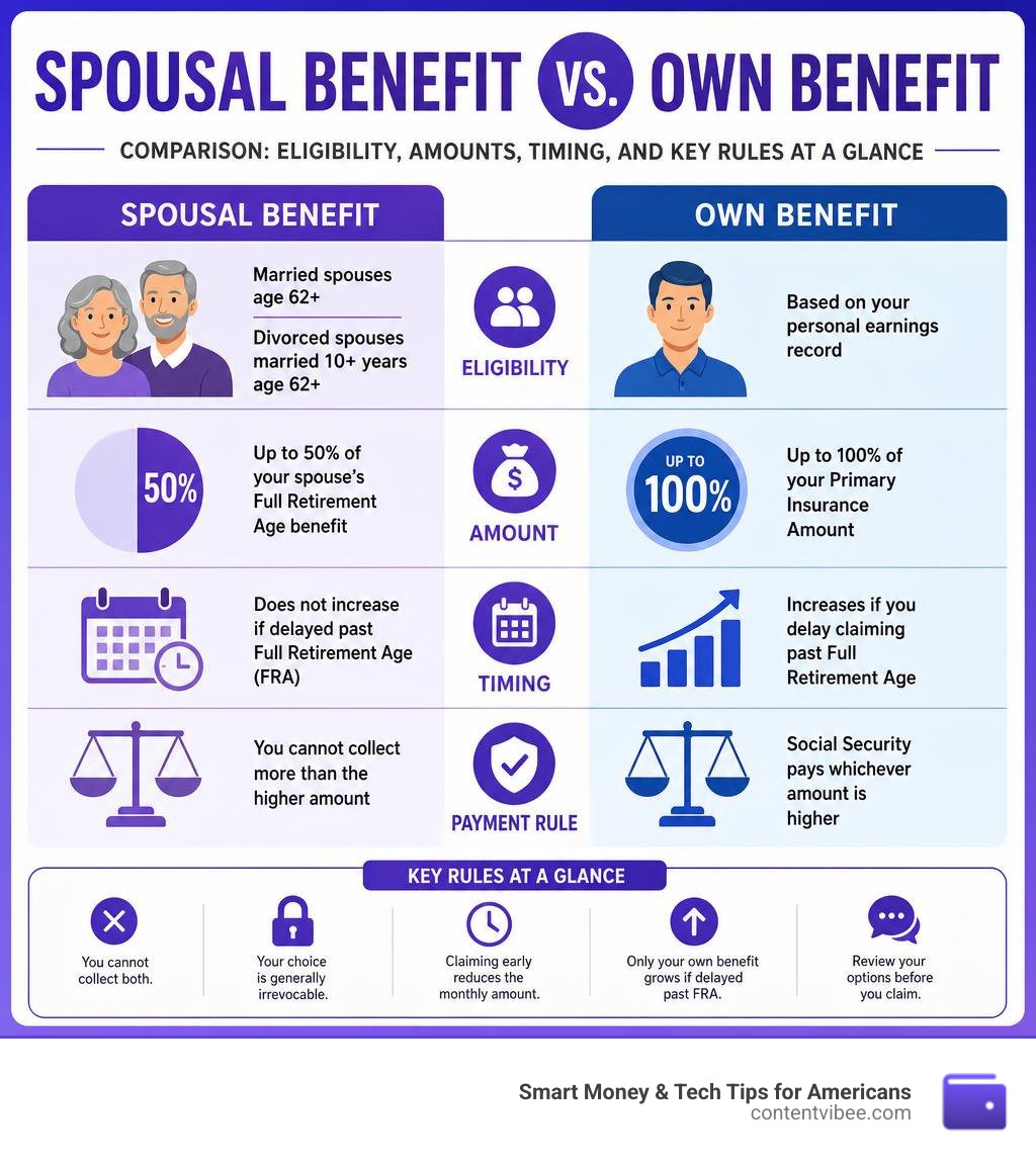 Spousal benefit vs own benefit comparison: eligibility, amounts, timing, and key rules at a glance infographic