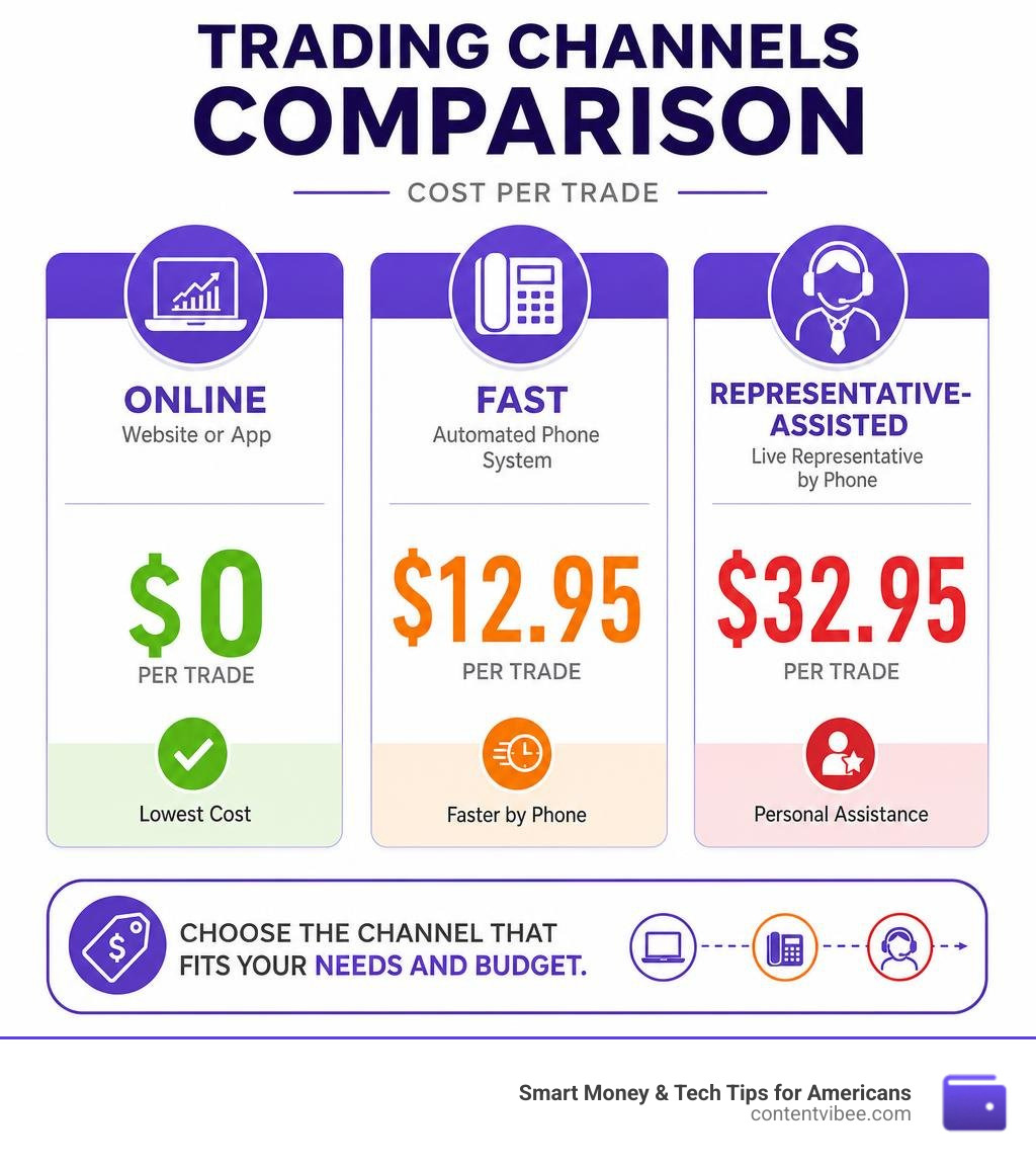 Fidelity trading channels comparison: online $0, FAST $12.95, representative-assisted $32.95 per trade infographic Fidelity trading channels comparison: online $0, FAST $12.95, representative-assisted $32.95 per trade infographic