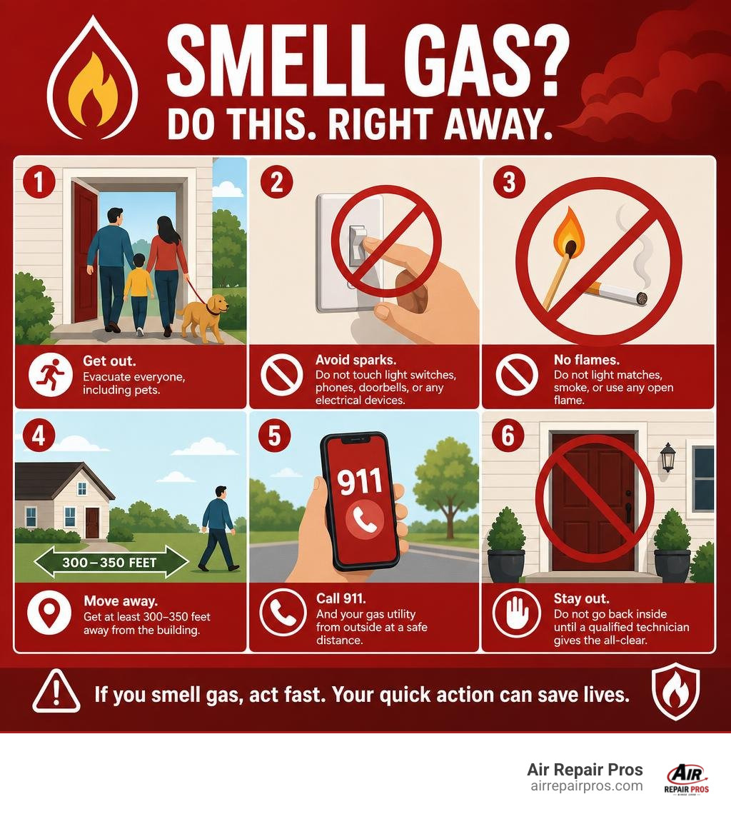 Detailed colorful infographic showing what to do when you smell gas at home: evacuate, avoid sparks, move 300 to 350 feet