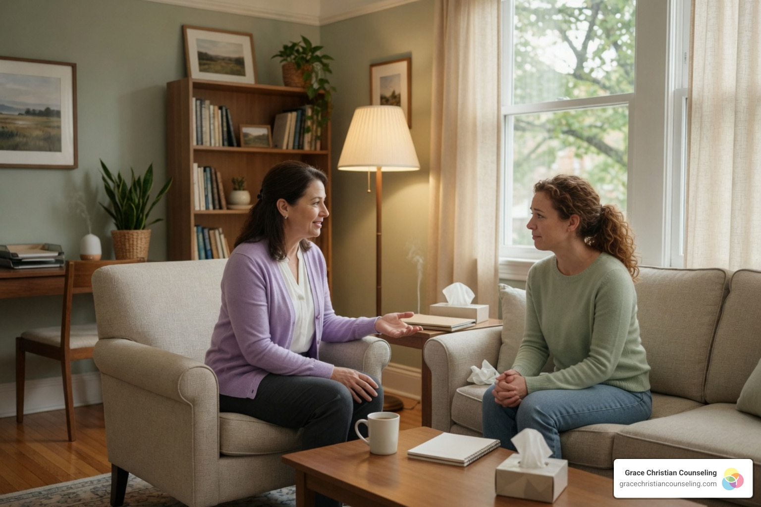 counselor speaking with a client in a warm, inviting office setting - bible verses for depression and anxiety