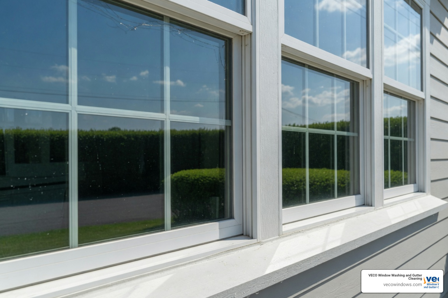Professional window cleaner wearing safety harness cleaning a high window