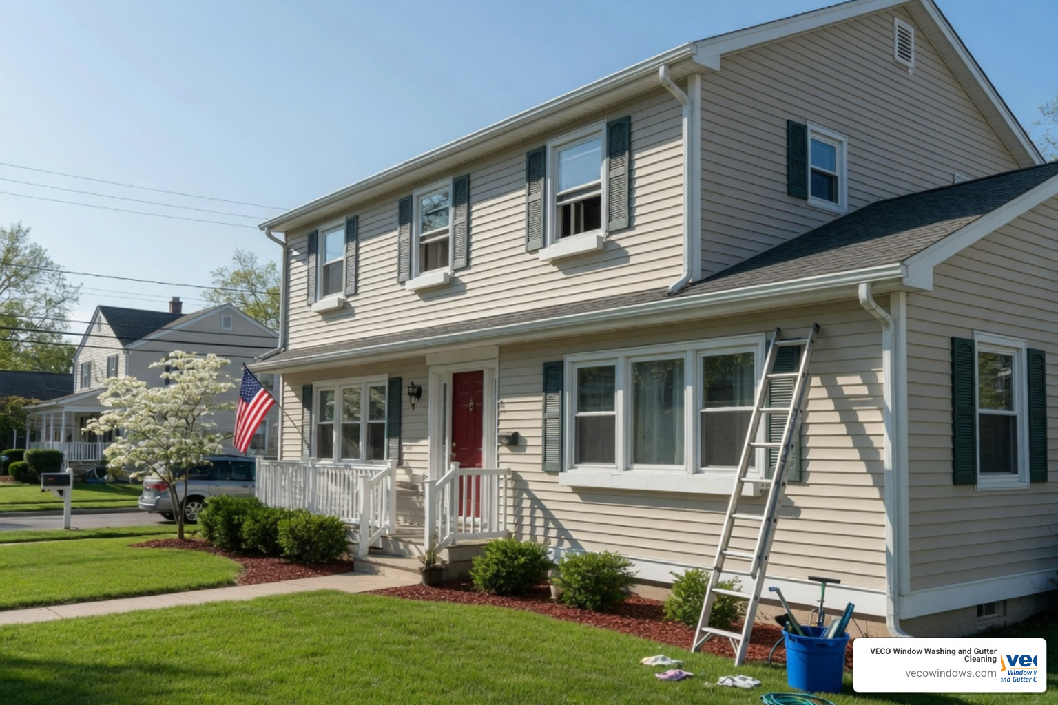 Technician cleaning gutters with safety equipment near clean white sills