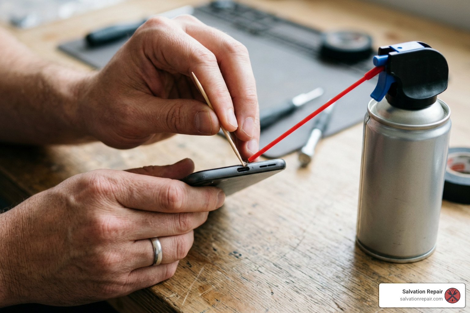 Cleaning a phone charging port with a wooden toothpick and compressed air safely Cleaning a phone charging port with a wooden toothpick and compressed air safely