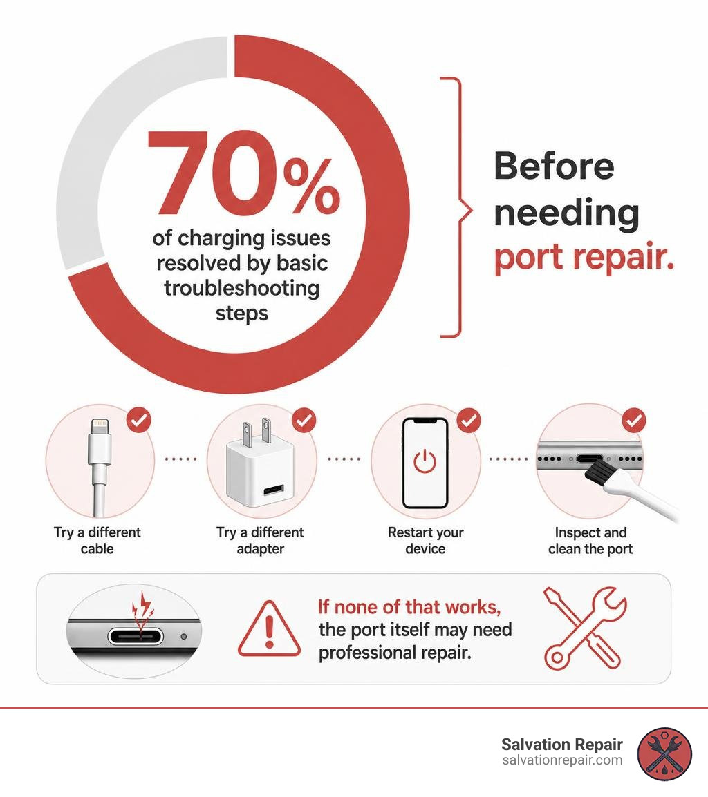 Infographic showing 70% of charging issues resolved by basic troubleshooting steps before needing port repair infographic Infographic showing 70% of charging issues resolved by basic troubleshooting steps before needing port repair infographic