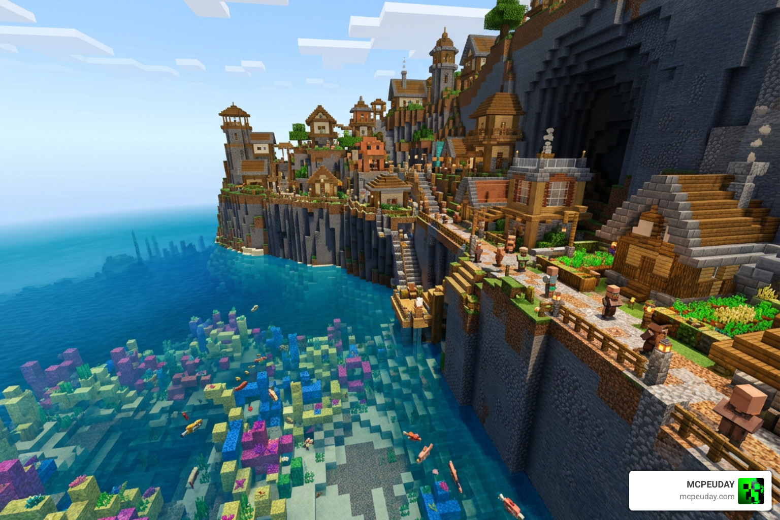 Stunning cliffside village overlooking a vibrant coral reef in Minecraft 26.2 Stunning cliffside village overlooking a vibrant coral reef in Minecraft 26.2