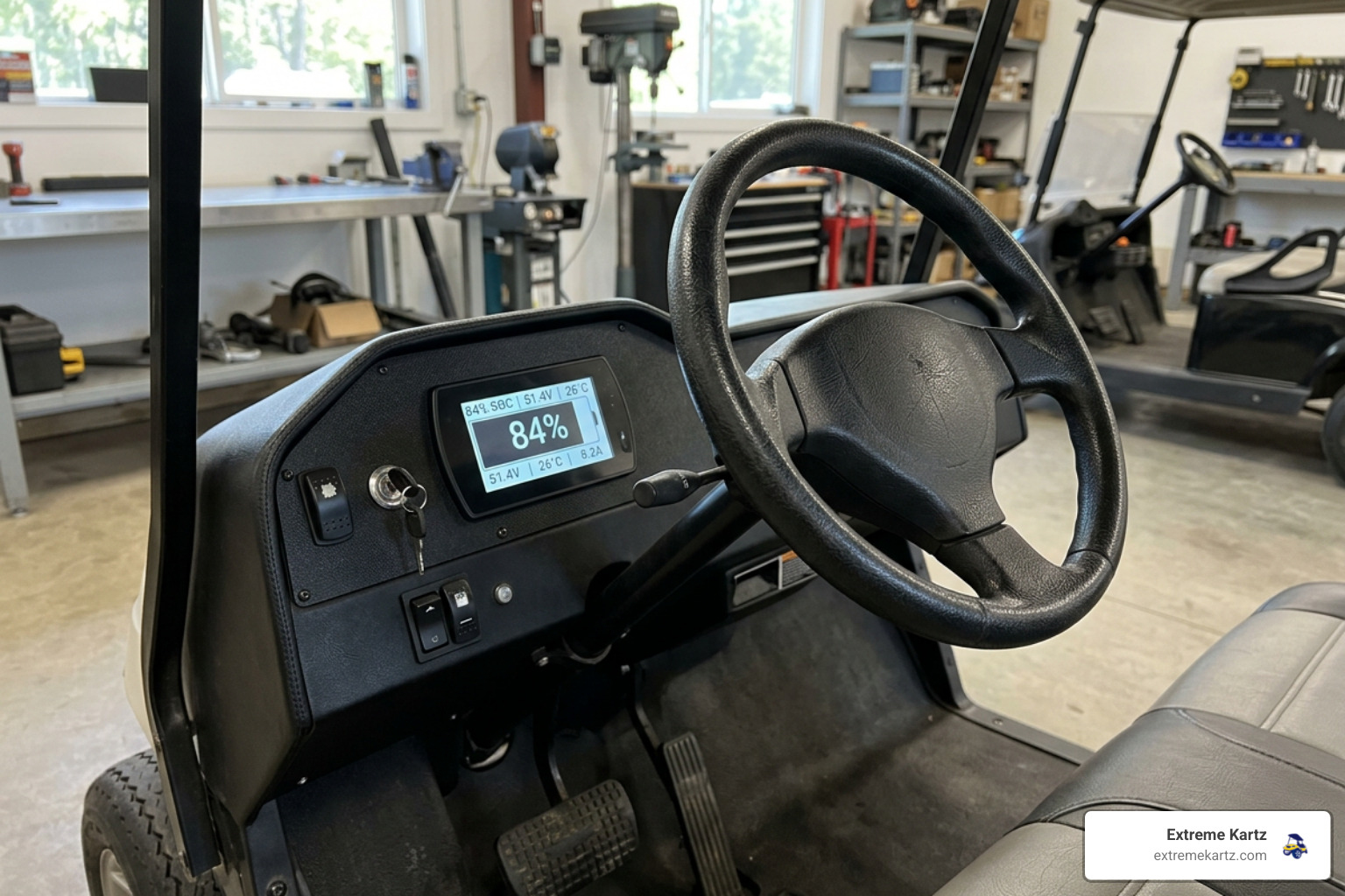 State of charge indicator on a custom golf cart dashboard showing lithium battery capacity State of charge indicator on a custom golf cart dashboard showing lithium battery capacity