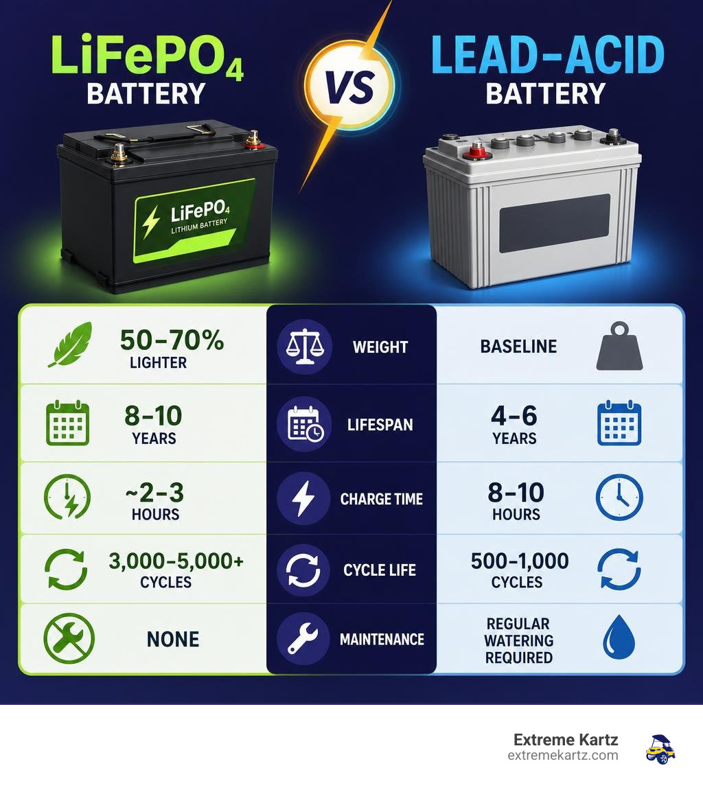 LiFePO4 vs lead-acid golf cart battery comparison: weight, lifespan, charge time, cycle life, and maintenance infographic LiFePO4 vs lead-acid golf cart battery comparison: weight, lifespan, charge time, cycle life, and maintenance infographic