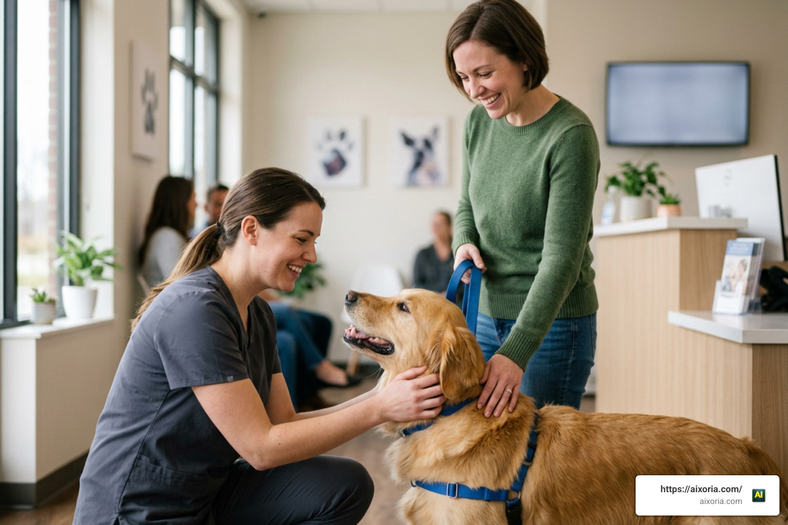 A veterinarian carefully examining a golden retriever puppy in a clean, modern clinic