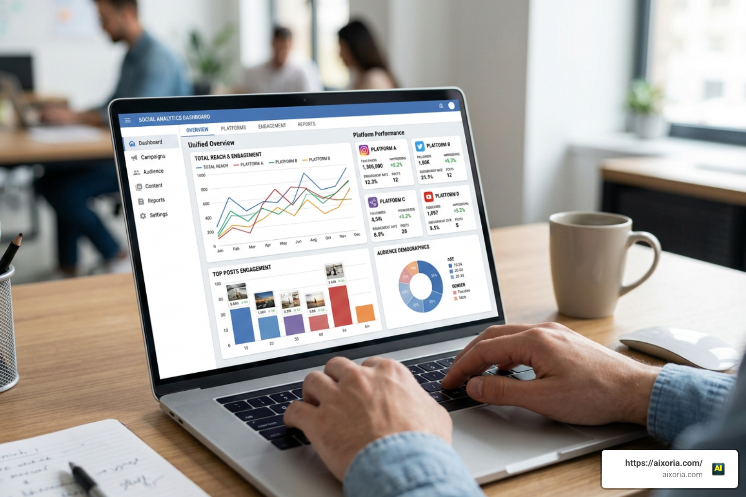 Metricool unified dashboard interface showing multi-platform management and brand analytics