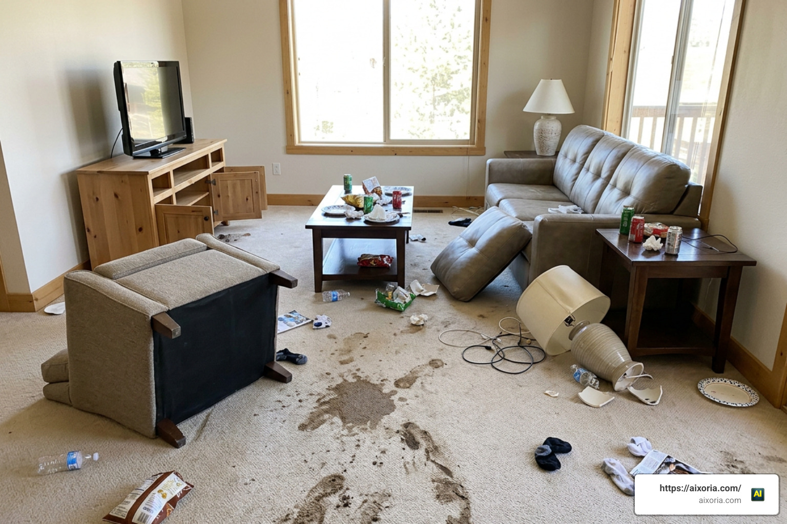 living room damaged by vacation rental guests