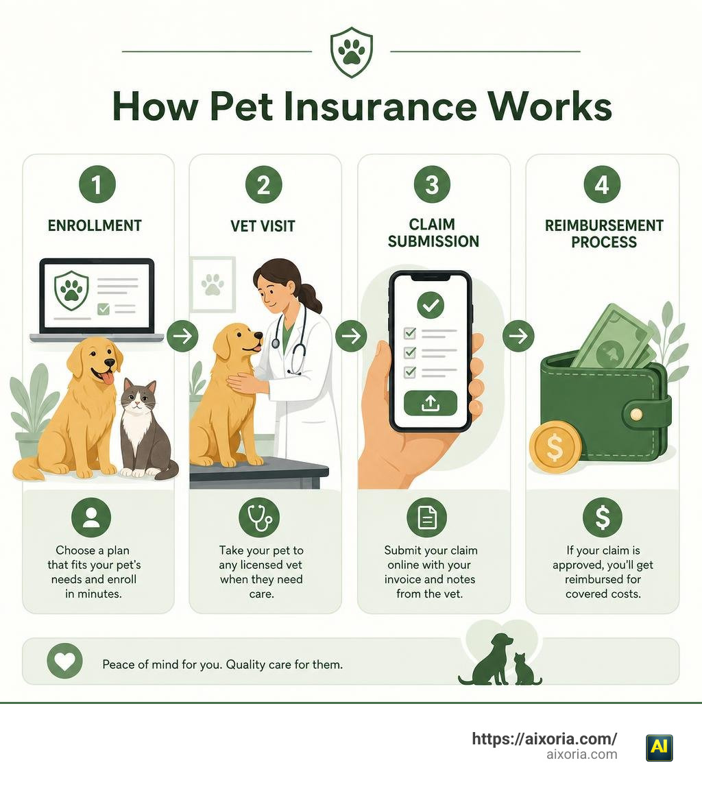 How pet insurance works: enrollment, vet visit, claim submission, reimbursement process infographic
