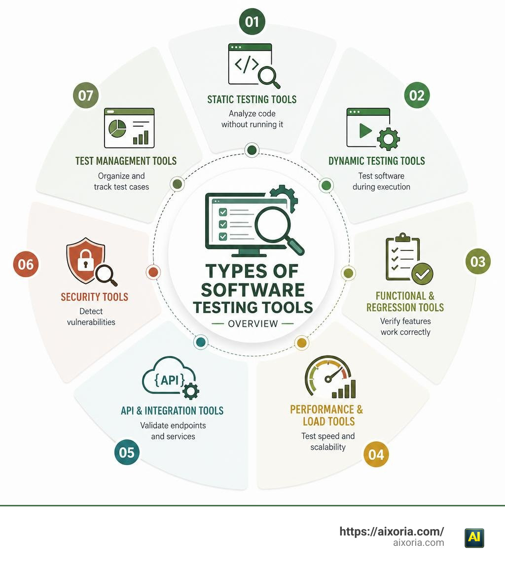 types of software testing tools overview: static, dynamic, functional, performance, API, security, management infographic