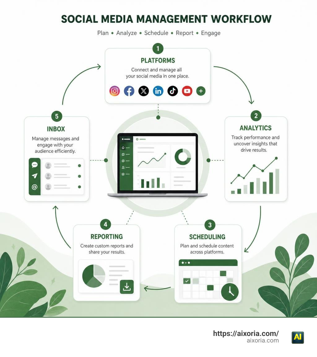 Metricool social media management workflow: platforms, analytics, scheduling, reporting, and inbox infographic