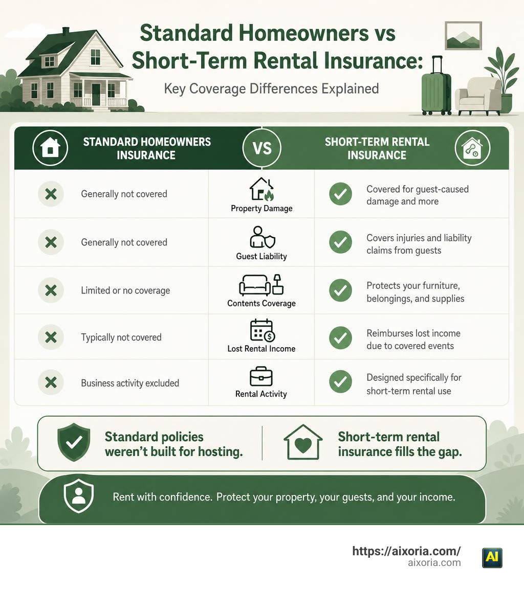 Standard homeowners vs short-term rental insurance: key coverage differences explained infographic