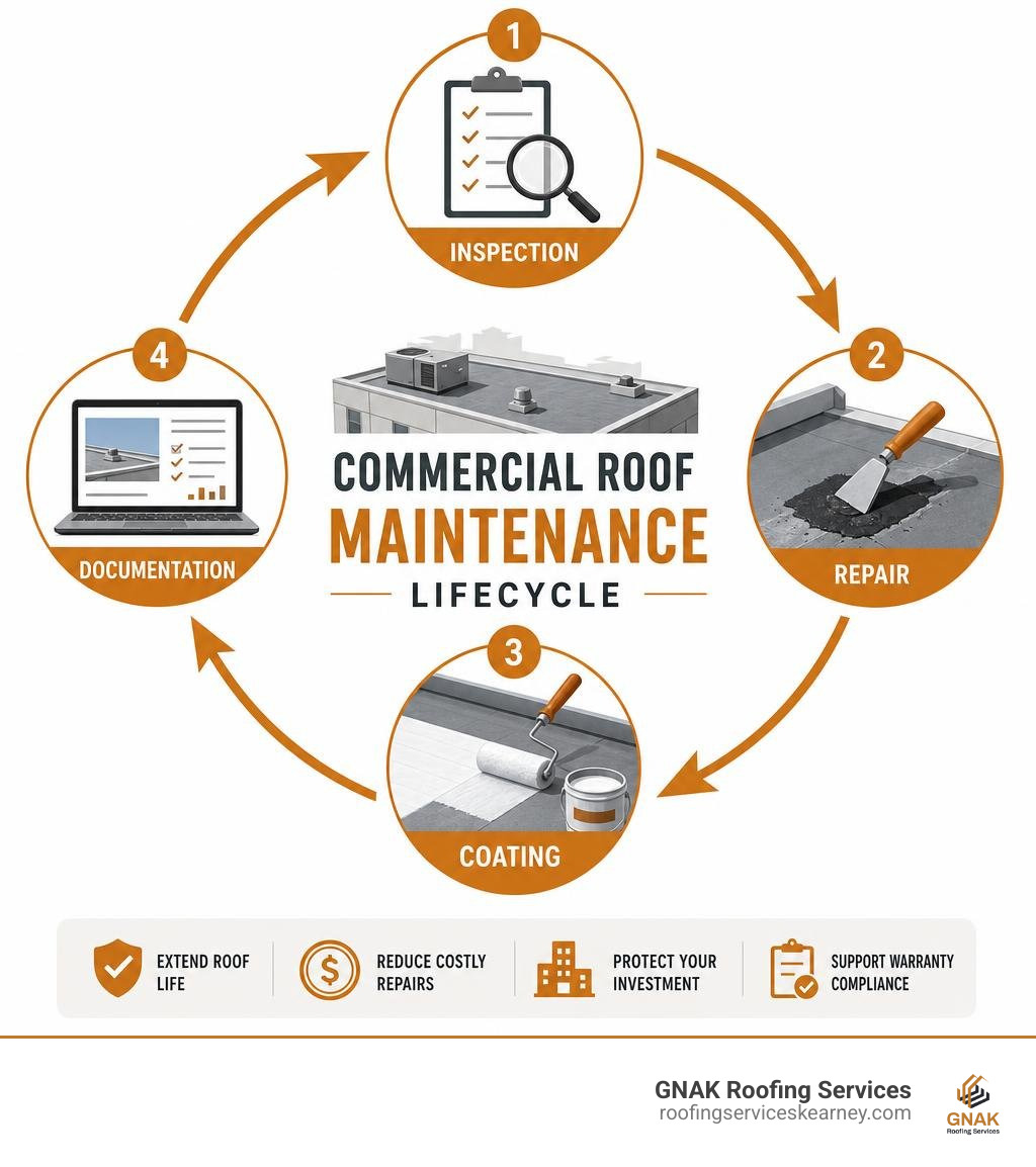 Commercial roof maintenance lifecycle infographic showing inspection, repair, coating, and documentation stages infographic Commercial roof maintenance lifecycle infographic showing inspection, repair, coating, and documentation stages infographic