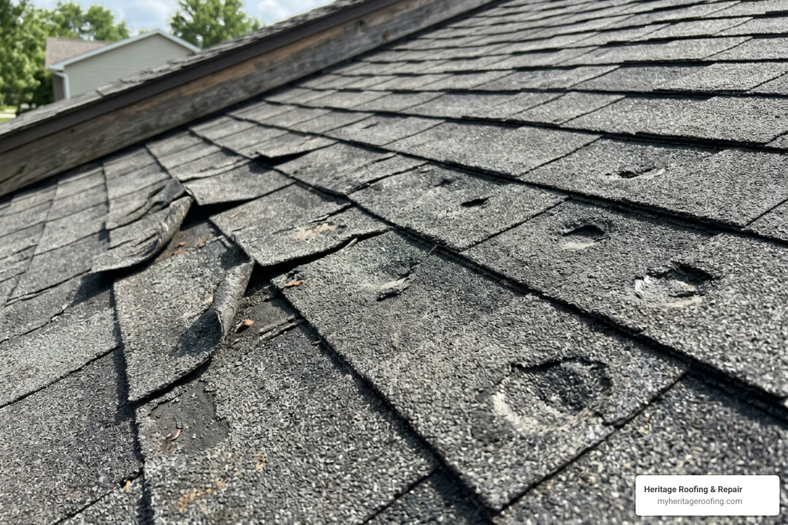 wind-lifted shingles and distinct hail impact marks on asphalt surfaces