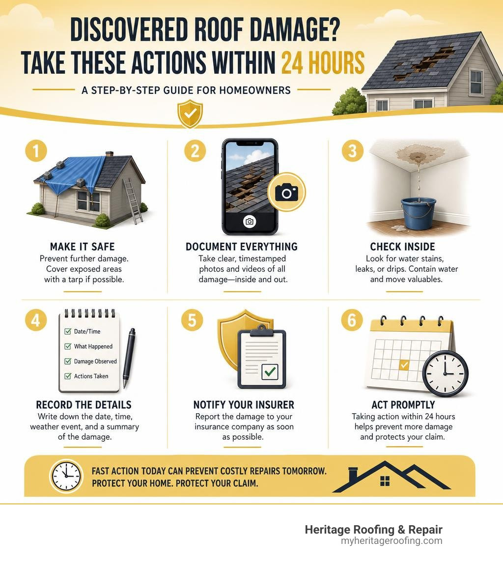Step-by-step infographic: immediate actions homeowners should take within 24 hours of discovering roof damage infographic