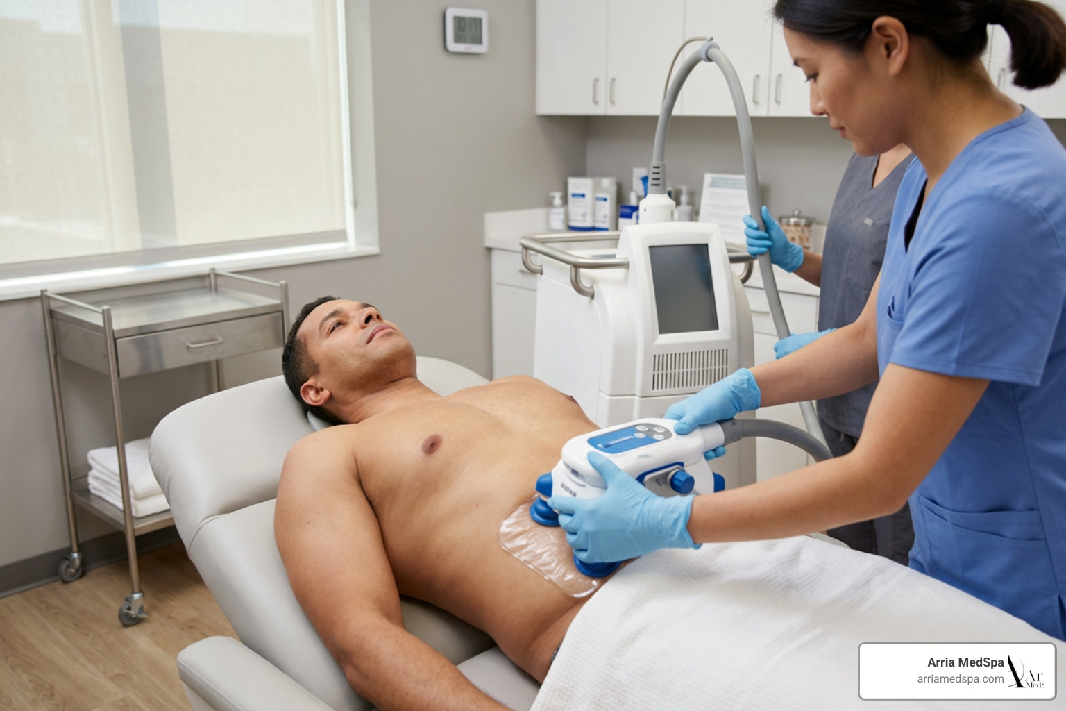 Male Body Contouring Patient Preparing For Non-Surgical Fat Reduction Treatment