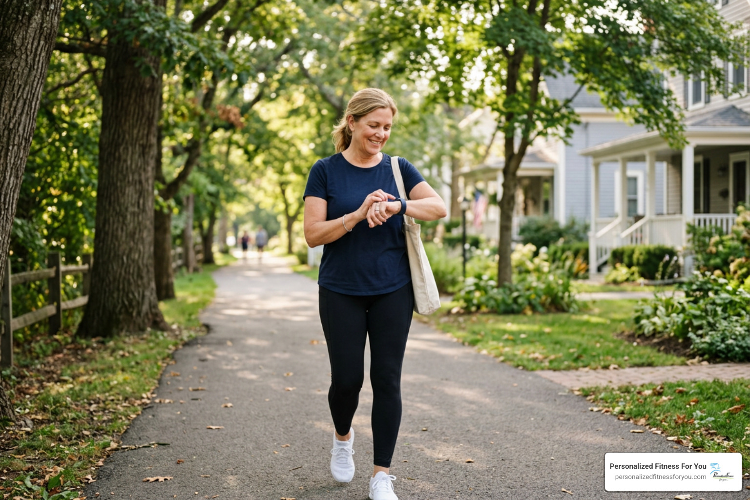 Woman tracking her steps on a smartwatch while walking through Warsaw Indiana Woman tracking her steps on a smartwatch while walking through Warsaw Indiana