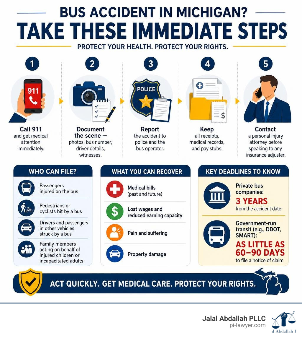 Infographic showing immediate steps to take after a bus accident in Michigan infographic Infographic showing immediate steps to take after a bus accident in Michigan infographic