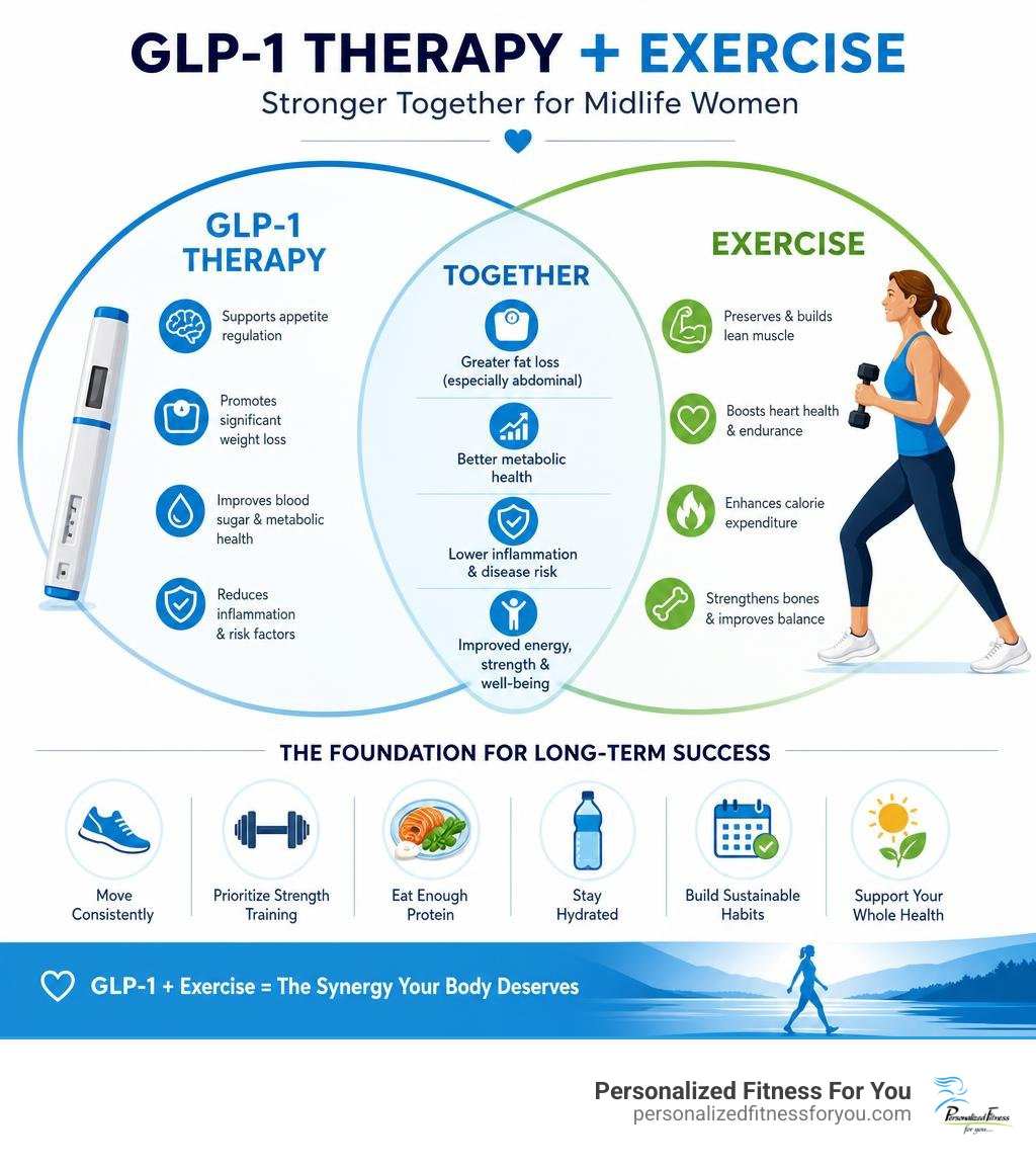Infographic showing the synergistic relationship between GLP-1 therapy and exercise for midlife women infographic Infographic showing the synergistic relationship between GLP-1 therapy and exercise for midlife women infographic